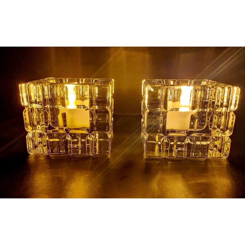 Simon Design Crystal Glass Tea Light Candle Holders Pair Square Art Deco Style